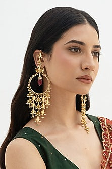 Gold Plated Faux Pearl & Mirror Work Chandbali Earrings