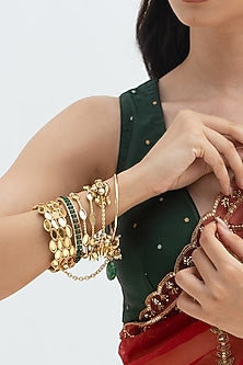 Gold Plated Faux Pearl & Mirror Work Bangles (Set Of 6)