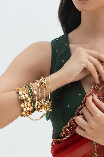 Gold Plated Faux Pearl & Mirror Work Bangles (Set Of 6)