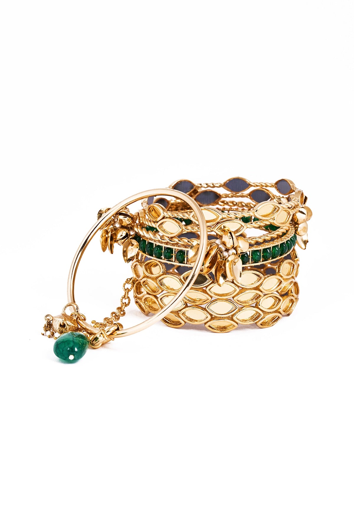 Gold Plated Faux Pearl & Mirror Work Bangles (Set Of 6)