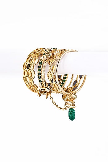 Gold Plated Faux Pearl & Mirror Work Bangles (Set Of 6)