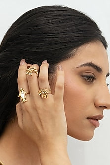 Gold Plated Faux Pearl & Mirror Work Rings (Set Of 3)