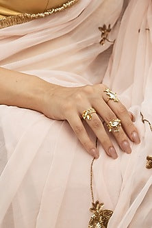 Gold Plated Faux Pearl & Mirror Work Rings (Set Of 3)