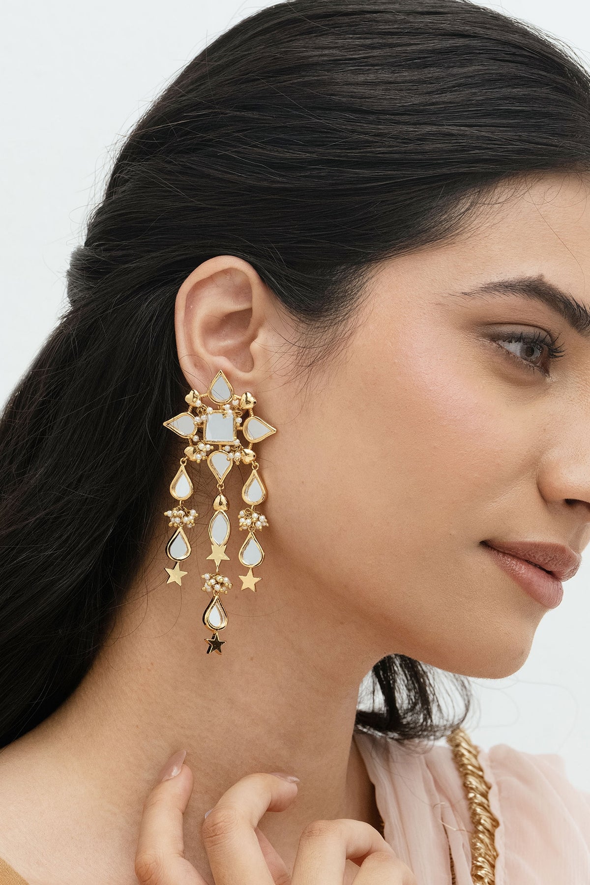 Gold Plated Faux Pearl & Mirror Work Dangler Earrings