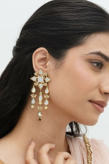 Gold Plated Faux Pearl & Mirror Work Dangler Earrings