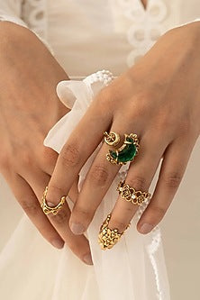 Antique Gold Plated Glass Stone Rings (Set Of 4)