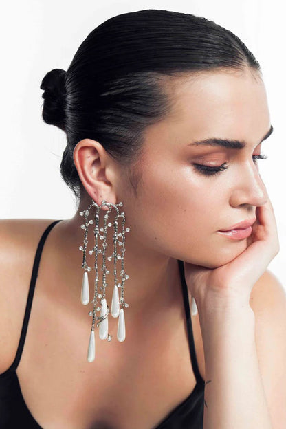 Silver Plated Faux Pearl & Cubic Zirconia Dangler Earrings
