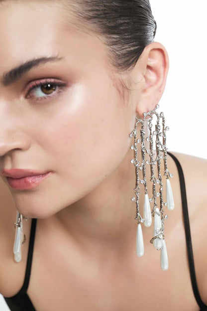 Silver Plated Faux Pearl & Cubic Zirconia Dangler Earrings