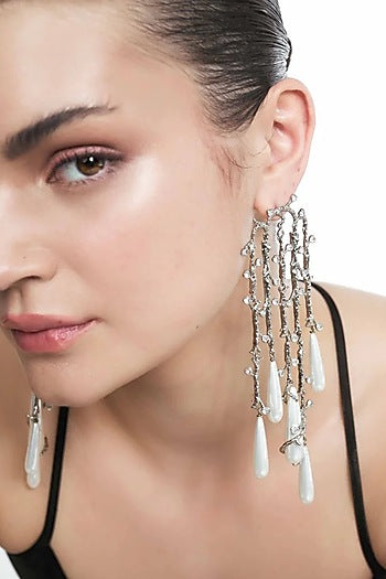Silver Plated Faux Pearl & Cubic Zirconia Dangler Earrings