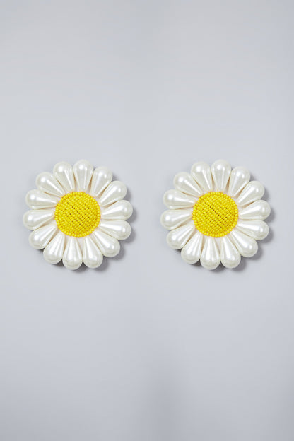 White Hand Embroidered Sunflower Earrings