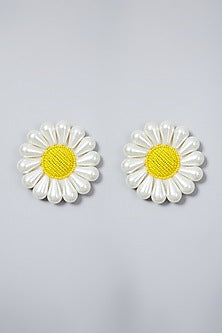 White Hand Embroidered Sunflower Earrings