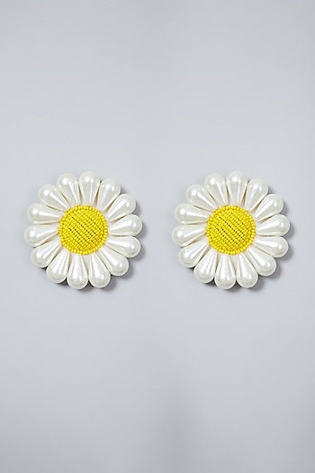 White Hand Embroidered Sunflower Earrings