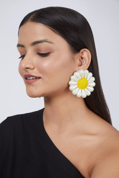 White Hand Embroidered Sunflower Earrings