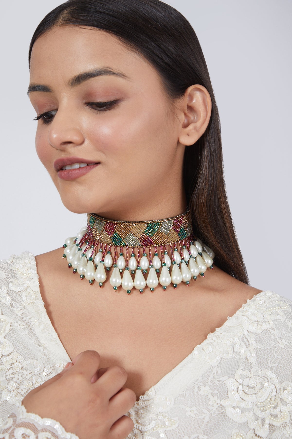 Multi Colored Stone Embroidered Choker