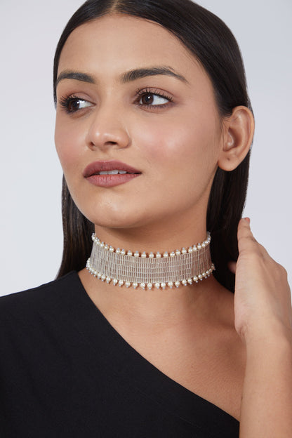 Silver Hand Embroidered Choker