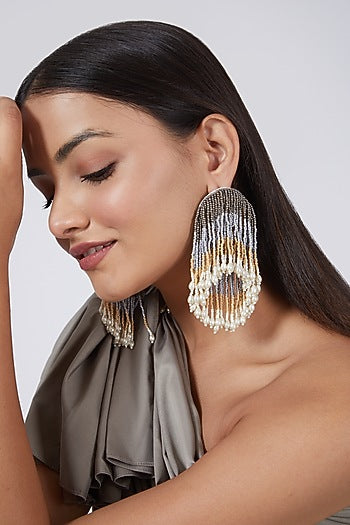 White Hand Embroidered Long Earrings