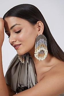 White Hand Embroidered Long Earrings