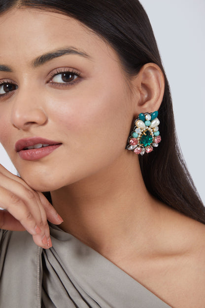 Green Hand Embroidered Earrings
