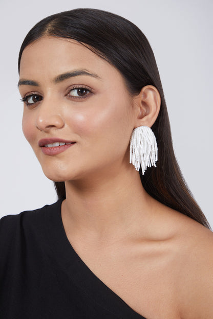 White Hand Embroidered Earrings