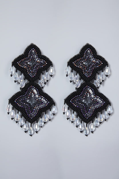 Black Hand Embroidered Long Earrings