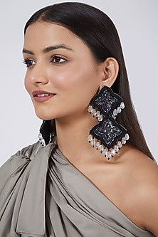 Black Hand Embroidered Long Earrings