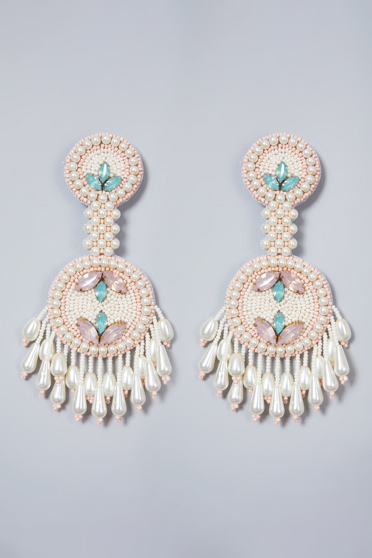 White Glass Stone Embroidered Earrings
