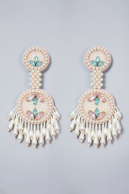 White Glass Stone Embroidered Earrings