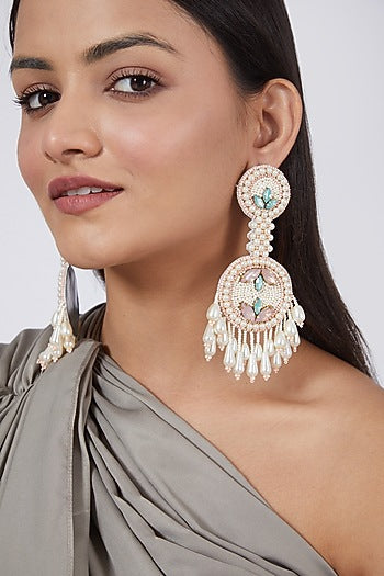 White Glass Stone Embroidered Earrings