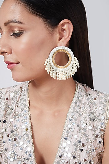 White Embroidered Round Earrings