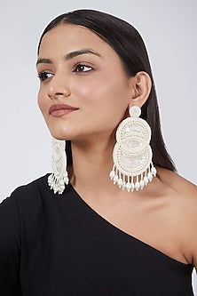 White Beaded Long Earrings