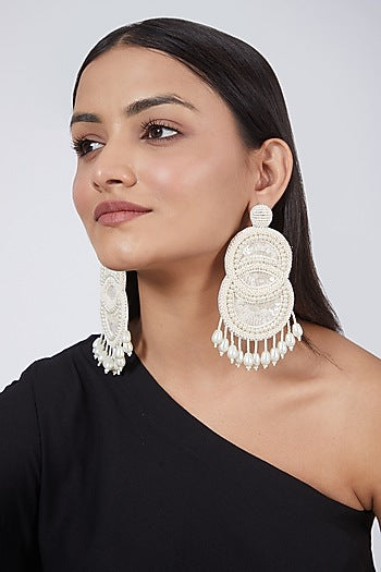 White Beaded Long Earrings