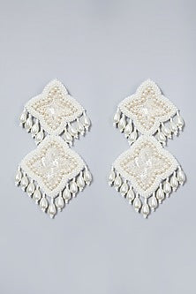 White Hand Embroidered Dangler Earrings