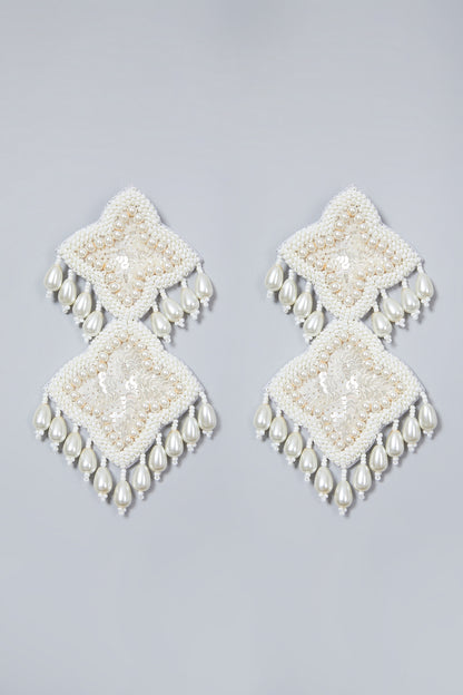 White Hand Embroidered Dangler Earrings