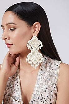 White Hand Embroidered Dangler Earrings