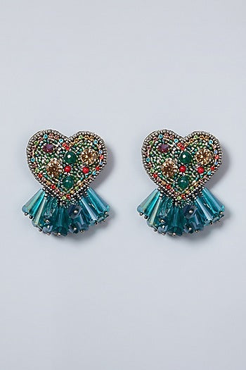 Green Embroidered Heart Earrings