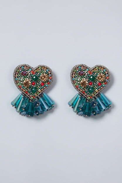 Green Embroidered Heart Earrings