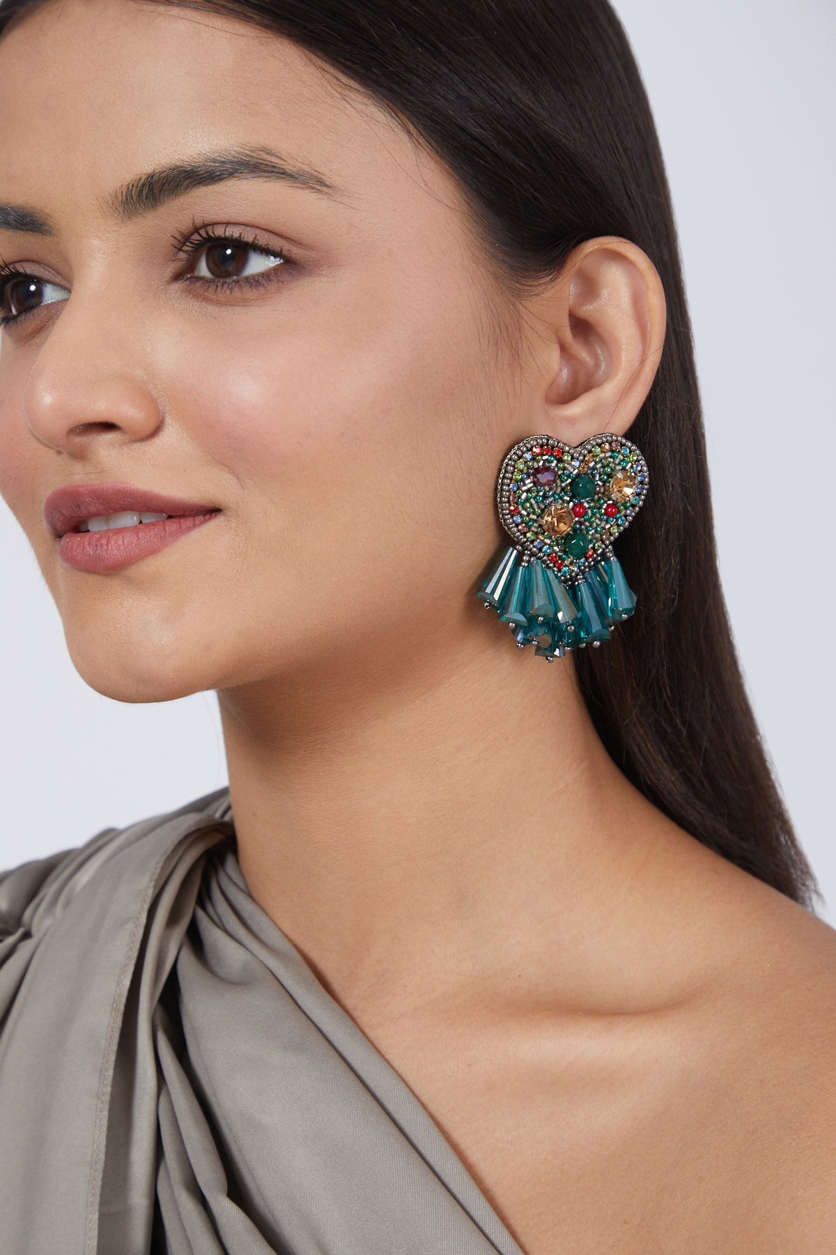 Green Embroidered Heart Earrings