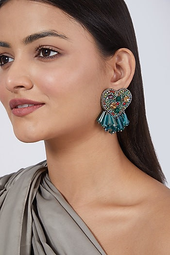 Green Embroidered Heart Earrings