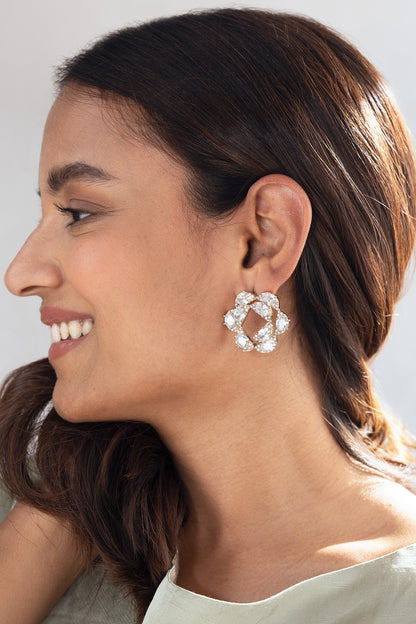 Gold Finish Cubic Zirconia Firework Scallop Stud Earrings