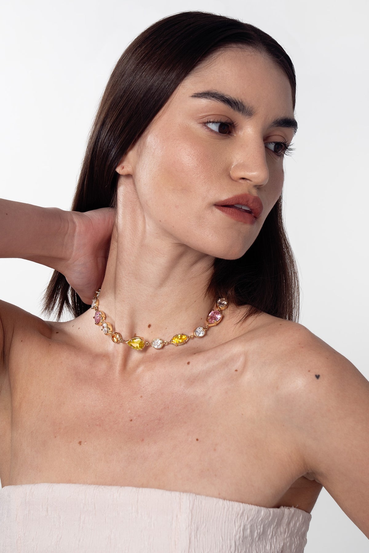 Gold Finish Multi-Colored Cubic Zirconia Linear Choker Necklace