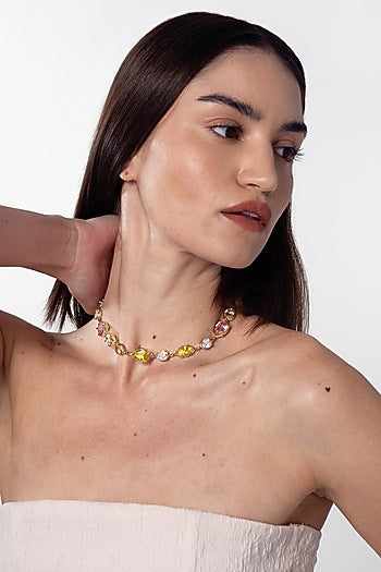 Gold Finish Multi-Colored Cubic Zirconia Linear Choker Necklace