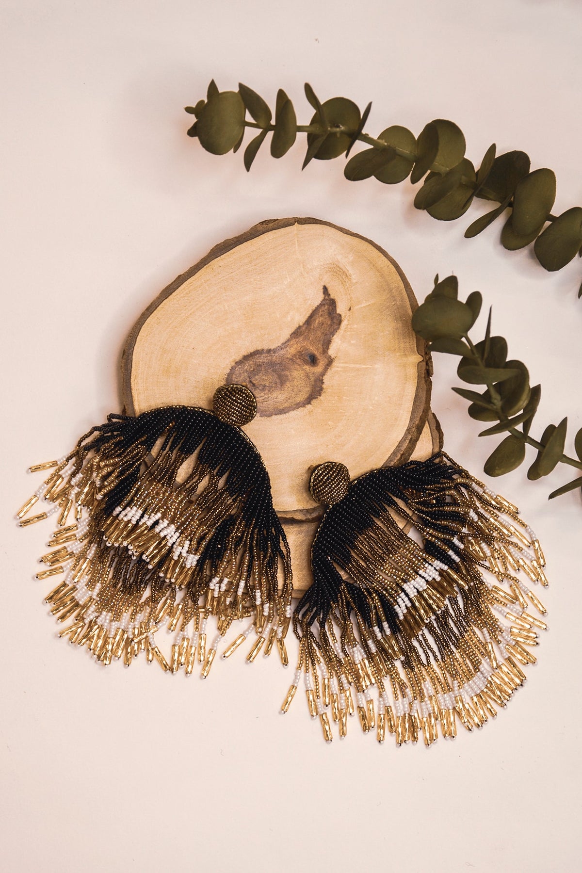 Black Glass Hand Embroidered Long Earrings