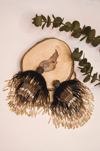 Black Glass Hand Embroidered Long Earrings