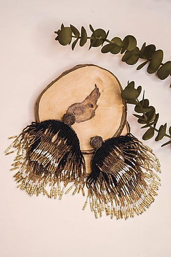 Black Glass Hand Embroidered Long Earrings