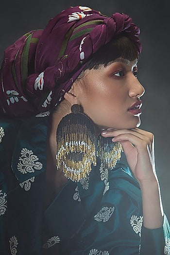 Black Glass Hand Embroidered Long Earrings