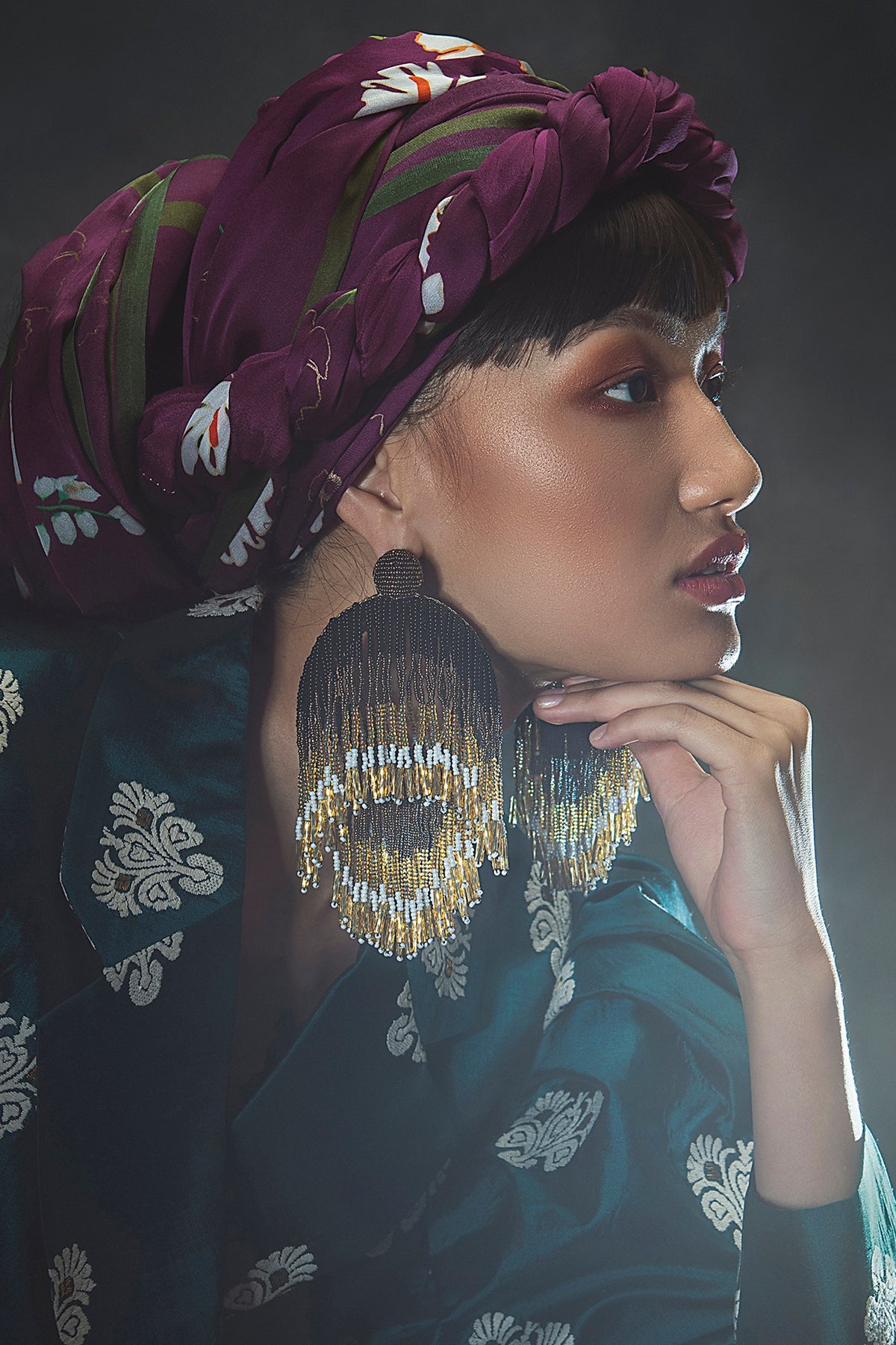 Black Glass Hand Embroidered Long Earrings
