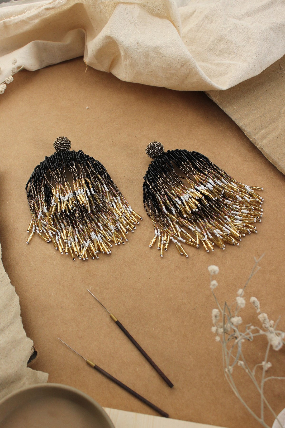 Black Glass Hand Embroidered Long Earrings