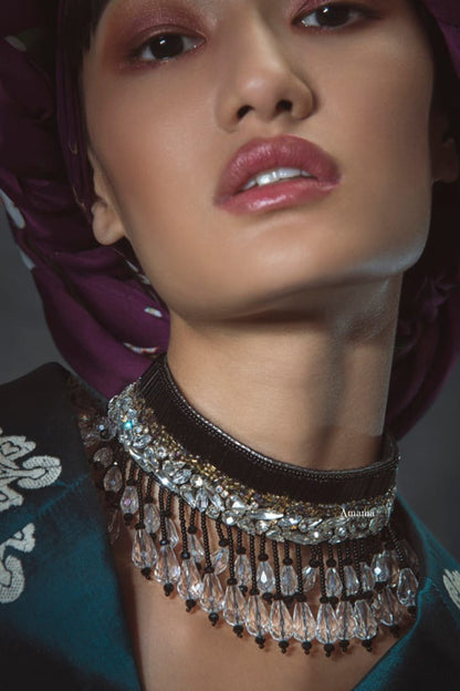 Black Glass Hand Embroidered Choker Necklace