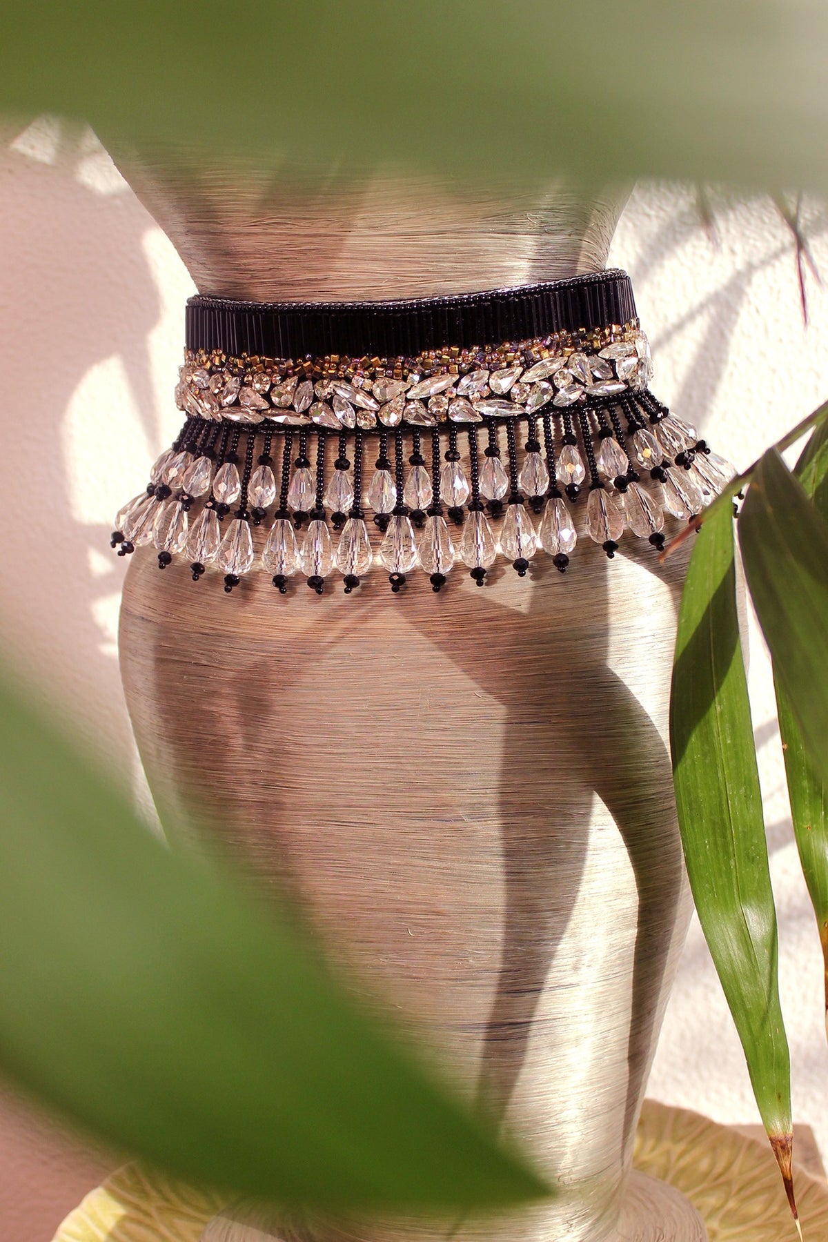 Black Glass Hand Embroidered Choker Necklace