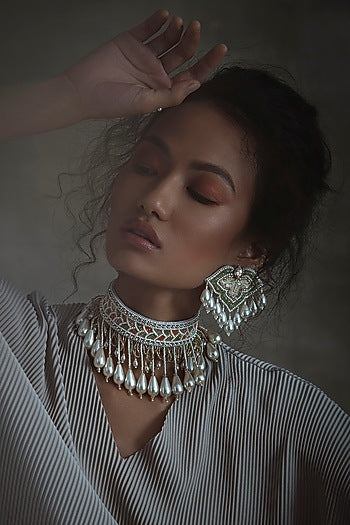 White Glass Hand Embroidered Earrings